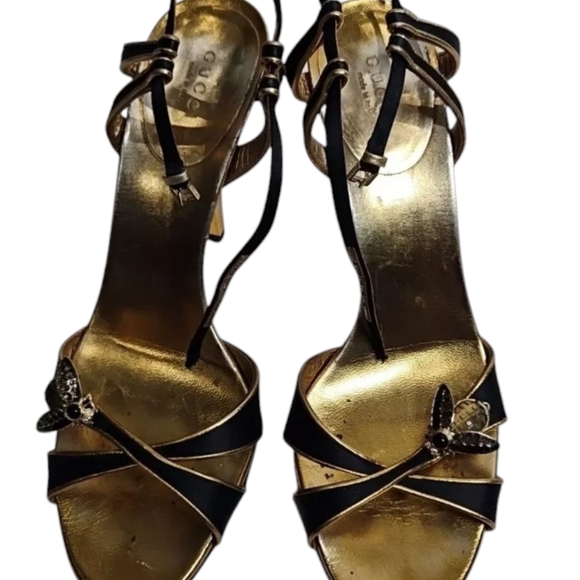 The Gucci Gold Strap Stiletto Sandals with Bee Embellishment in size 8.5B - Picture 1 of 6